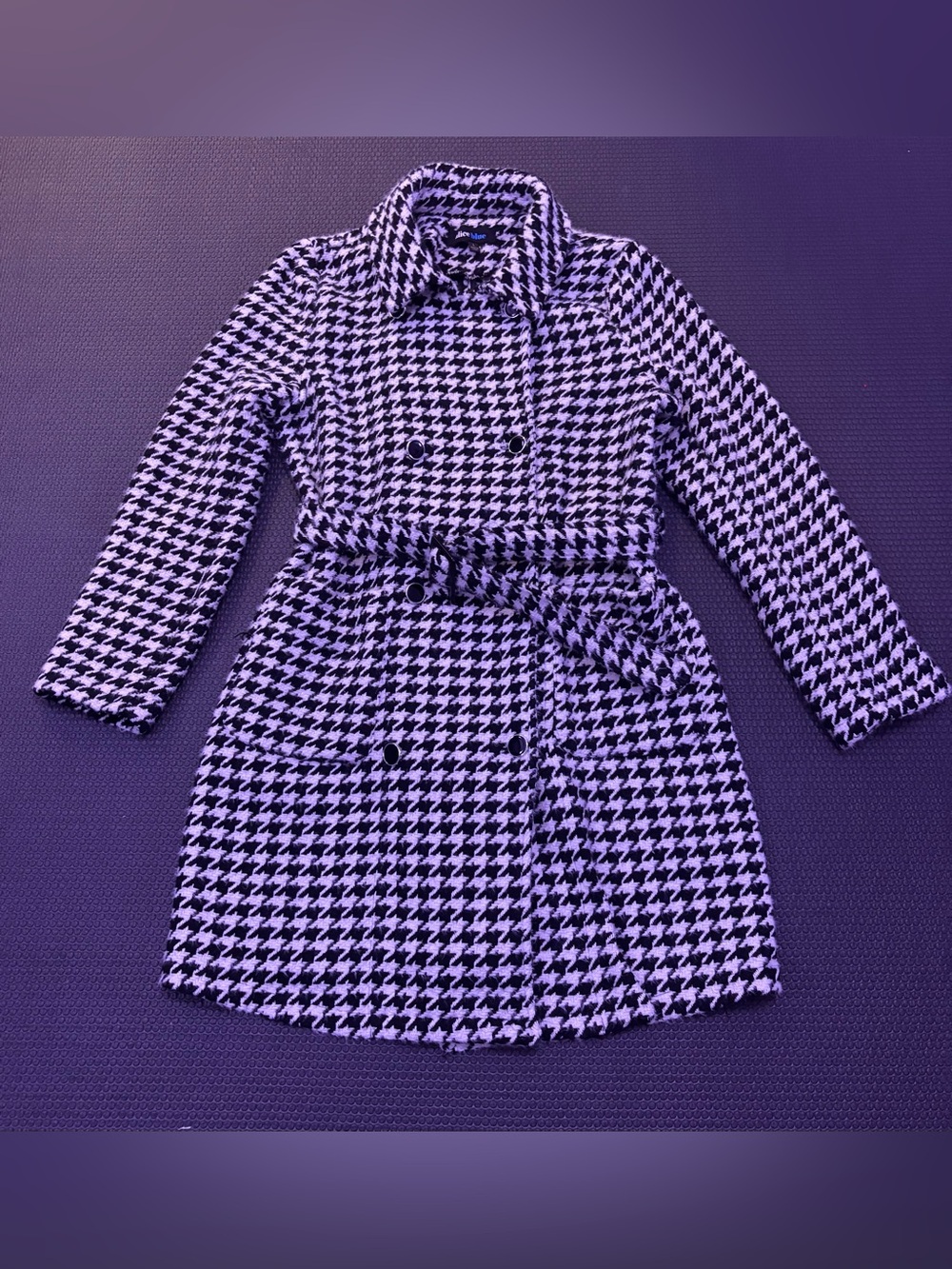 Alice Blue Black and White Houndstooth Belted Pea Coat
